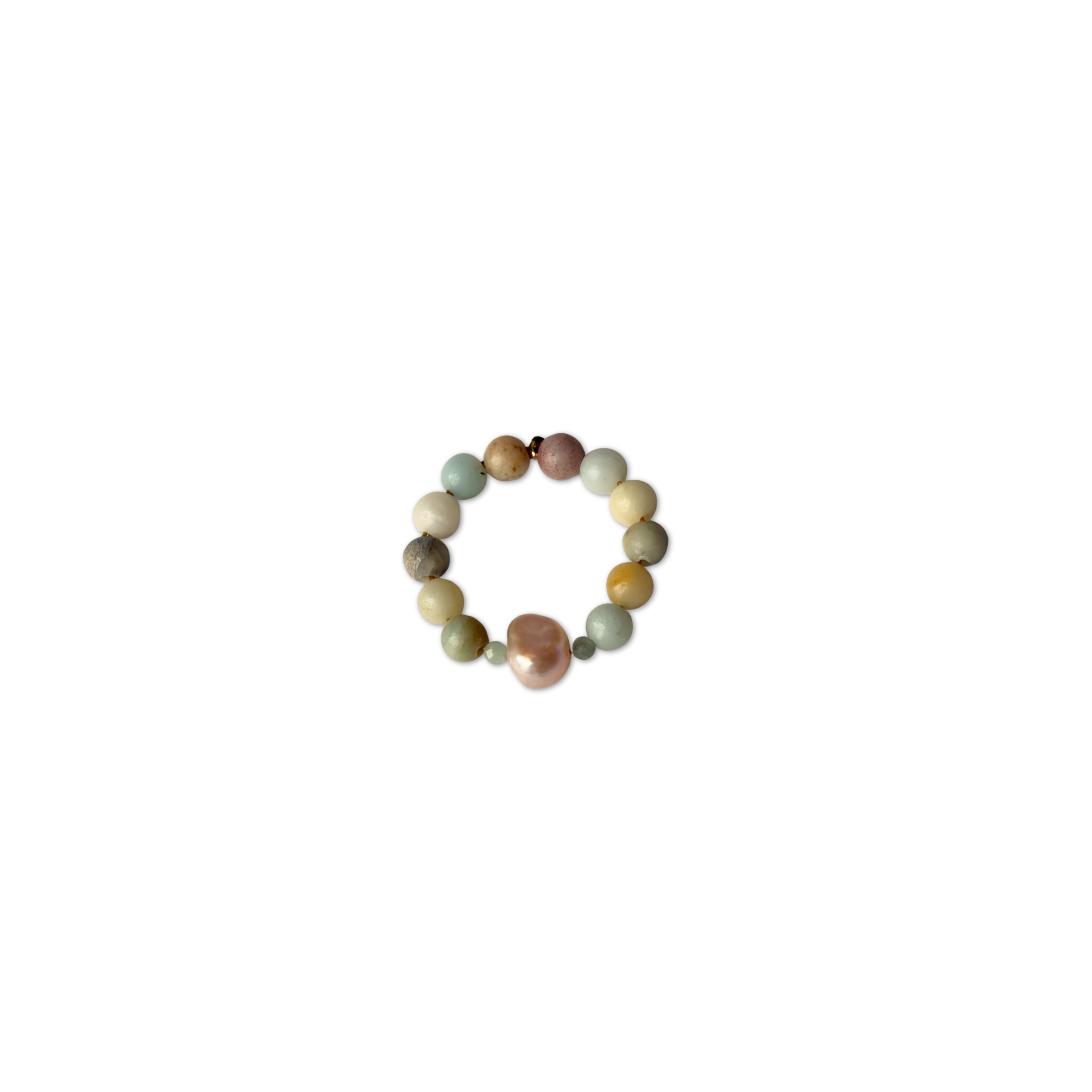 Pastel amazonite ring with pink baroque pearl. Delicate rainbow-inspired K’uychi Ring.