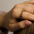 Multicolor agate ring with pink freshwater baroque pearl. Handcrafted, elegant, and unique—Munay Ring by Kusi.